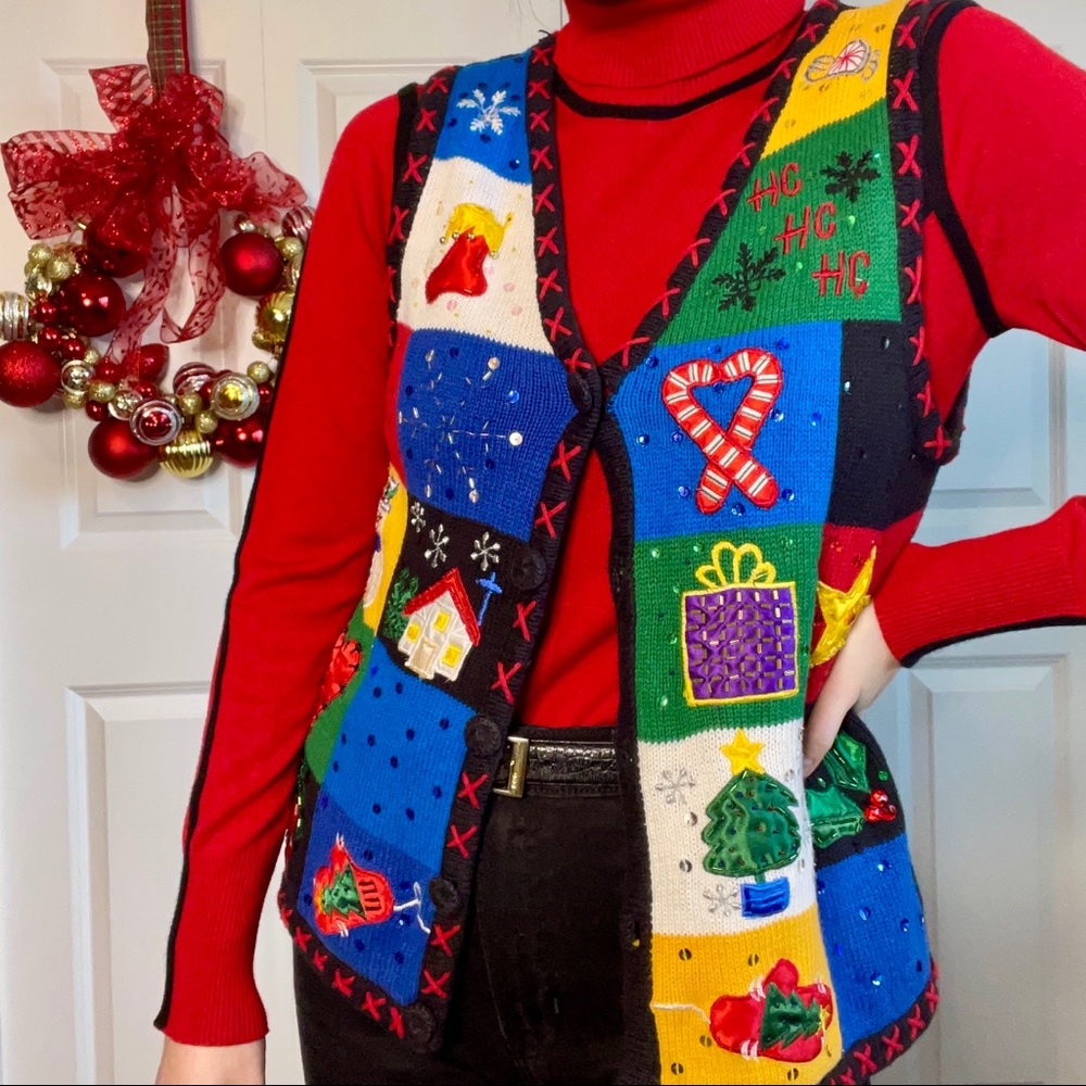 Colorful Holiday Christmas Patchwork Embroidery Vest Basic Editions Women's Sz M